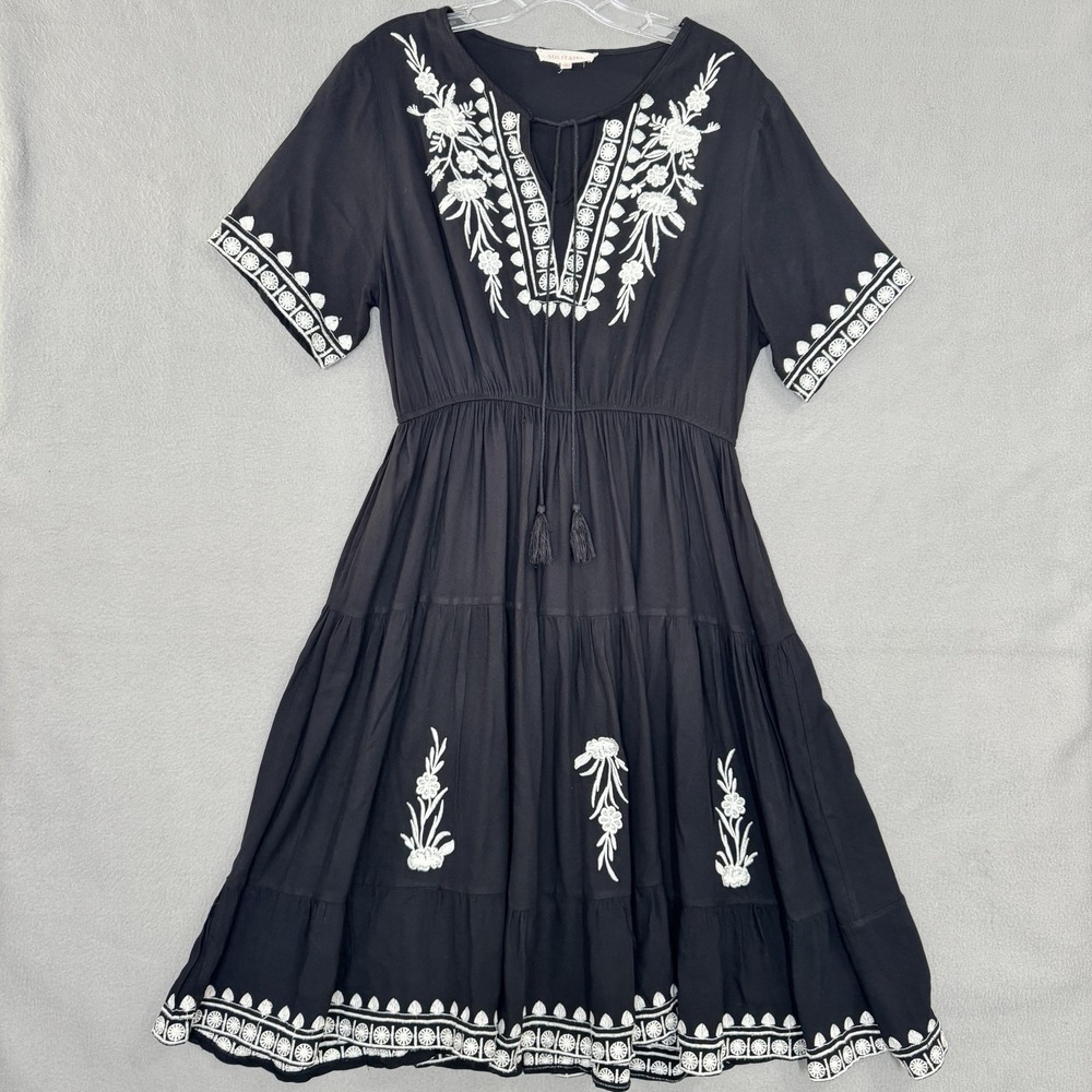 Solitaire‎ Dress Women L Black Embroidered Midi Boho Vacation Resort